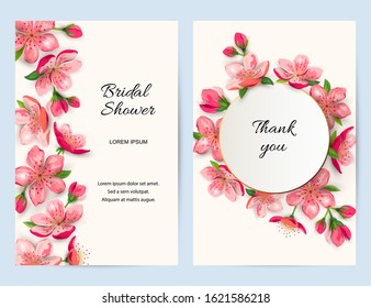 Spring invitations with blossom sakura, cherry flowers. Place for text. Great for oriental invite, flyer, beauty offer, wedding, bridal shower, poster, baby shower, Mother and Woman day.