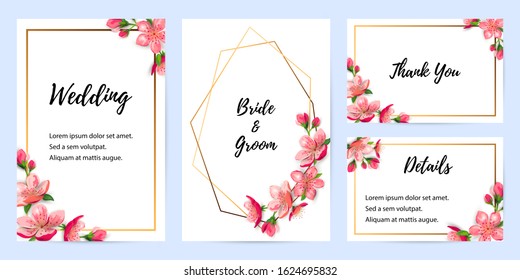 Spring invitations with blossom sakura, cherry flowers. Place for text. Great for oriental invite, flyer, beauty offer, wedding, bridal shower, poster, baby shower, Mother's and Woman's day.