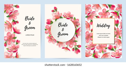Spring invitations with blossom sakura, cherry flowers. Place for text. Great for oriental invite, flyer, beauty offer, wedding, bridal shower, poster, baby shower, Mother's and Woman's day.