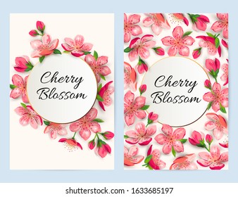 Spring invitations with blossom sakura, cherry flowers. Place for text. Great for oriental invite, flyer, beauty offer, wedding, bridal shower, poster, baby shower, Mother's and Women's day.