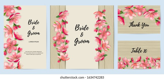 Spring invitations with blossom sakura, cherry flowers. Place for text. Great for oriental invite, flyer, beauty offer, wedding, bridal shower, poster, baby shower, Mother's and Women's day.