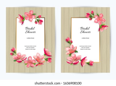 Spring invitations with blossom sakura, cherry flowers. Place for text. Great for oriental invite, flyer, beauty offer, wedding, bridal shower, poster, baby shower, Mother's and Women's day.