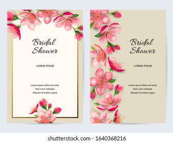 Spring invitations with blossom sakura, cherry flowers. Place for text. Great for oriental invite, flyer, beauty offer, wedding, bridal shower, poster, baby shower, Mother's and Women's day.