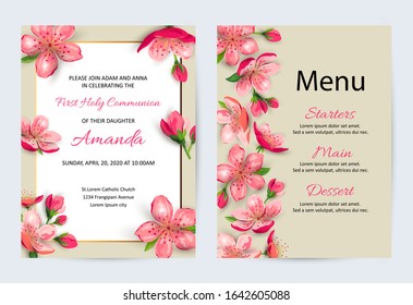 Spring invitations with blossom sakura, cherry flowers. Place for text. Great for oriental invite, flyer, beauty offer, wedding, bridal shower, poster, baby shower, Mother's and Women's day.