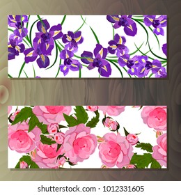 Spring iris blooming flowers, lilac petals and branches vector set. iris and rose banners on wooden background