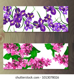 Spring iris blooming flowers, lilac petals and branches vector set. iris and syringa banners on wooden background