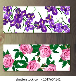 Spring iris blooming flowers, lilac petals and branches vector set. iris and rose banners on wooden background