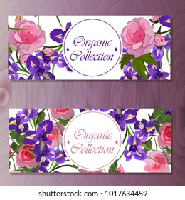 Spring iris blooming flowers, lilac petals and branches vector set. iris and rose banners on wooden background