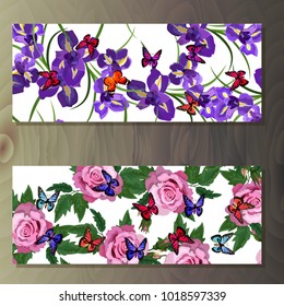 Spring iris blooming flowers, lilac petals and branches vector set. iris and rose banners on wooden background