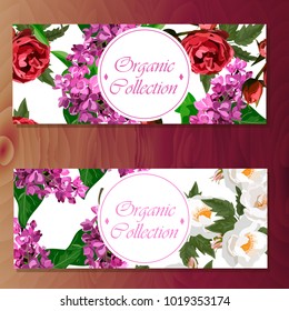 Spring iris blooming flowers, lilac petals and branches vector set. iris and rose banners on wooden background
