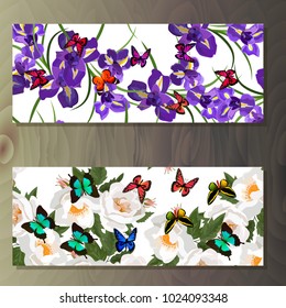 Spring iris blooming flowers, lilac petals and branches vector set. iris and rose banners on wooden background