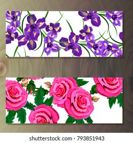 Spring iris blooming flowers, lilac petals and branches vector set. iris and rose banners on wooden background