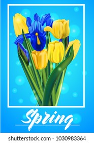 spring, irises and tulips, bouquet 3D realistic illustration ,vector
