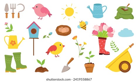 Spring isolated elements set in flat design. Gardening icons. Vector illustration