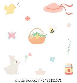 Spring isolated elements set in flat design. Collection of cute spring elements. Bird, rabbit, flowers, bugs, bee, butterfly, hat, jam and other spring elements