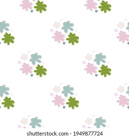 Spring isolated seamless pattern with abstract flowers colorful pastel buds print. White background. Vector illustration for seasonal textile prints, fabric, banners, backdrops and wallpapers.