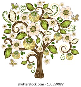 Spring isolated tree on a white with gold and green  leaves,  flowers and butterflies (vector)