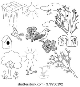 spring items set. Flowers, plants, bird's. Freehand vector illus