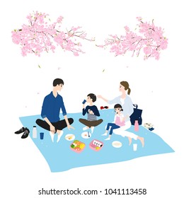 Spring in Japan. A family picnic. Under the cherry blossoms (pink sakura flowers).