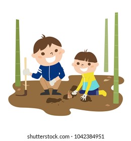 Spring in Japan. Illustration of a father and a son who found bamboo shoots.