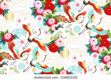 Spring Japanese background with fans and cranes