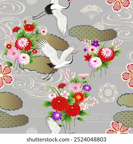 Spring Japanese background with fans and cranes	