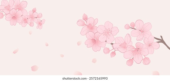 Spring Japanese Cherry blossom flower background vector. Sakura floral Wallpaper design of elegant cherry blossom flower, branch. Illustration for banner, wall decoration, backdrop, ads.