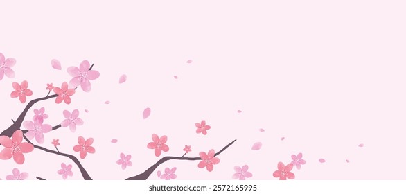 Spring Japanese Cherry blossom flower background vector. Sakura floral Wallpaper design of elegant watercolor cherry blossom flower, branch. Illustration for banner, wall decoration, backdrop, ads.