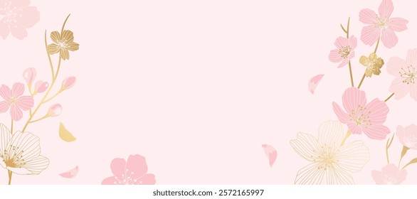 Spring Japanese Cherry blossom flower background vector. Sakura floral Wallpaper design of elegant gold line cherry blossom flower, branch. Illustration for banner, wall decoration, backdrop, ads.