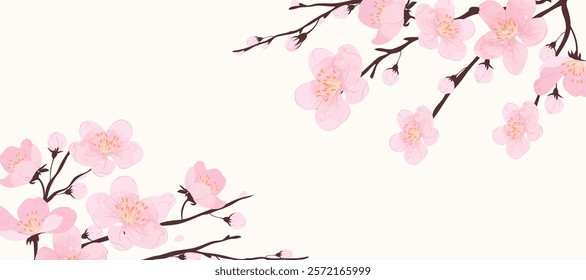 Spring Japanese Cherry blossom flower background vector. Sakura floral Wallpaper design of elegant watercolor cherry blossom flower, branch. Illustration for banner, wall decoration, backdrop, ads.