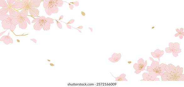 Spring Japanese Cherry blossom flower background vector. Sakura floral Wallpaper design of elegant gold line cherry blossom flower, branch. Illustration for banner, wall decoration, backdrop, ads.