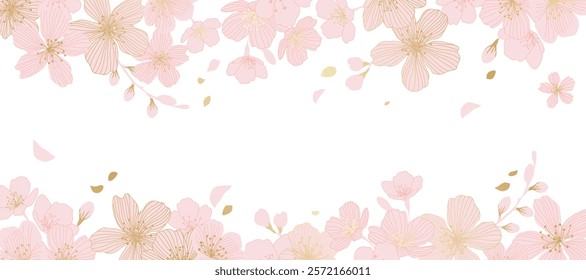 Spring Japanese Cherry blossom flower background vector. Sakura floral Wallpaper design of elegant gold line cherry blossom flower, branch. Illustration for banner, wall decoration, backdrop, ads.