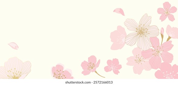 Spring Japanese Cherry blossom flower background vector. Sakura floral Wallpaper design of elegant gold line cherry blossom flower, branch. Illustration for banner, wall decoration, backdrop, ads.