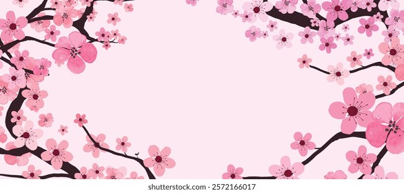 Spring Japanese Cherry blossom flower background vector. Sakura floral Wallpaper design of elegant watercolor cherry blossom flower, branch. Illustration for banner, wall decoration, backdrop, ads.