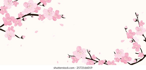 Spring Japanese Cherry blossom flower background vector. Sakura floral Wallpaper design of elegant watercolor cherry blossom flower, branch. Illustration for banner, wall decoration, backdrop, ads.