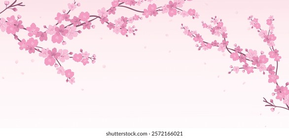 Spring Japanese Cherry blossom flower background vector. Sakura floral Wallpaper design of elegant watercolor cherry blossom flower, branch. Illustration for banner, wall decoration, backdrop, ads.