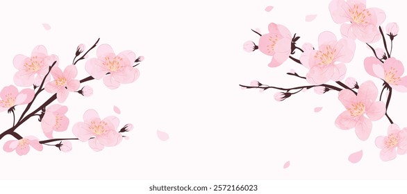 Spring Japanese Cherry blossom flower background vector. Sakura floral Wallpaper design of elegant watercolor cherry blossom flower, branch. Illustration for banner, wall decoration, backdrop, ads.