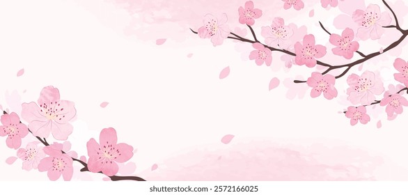 Spring Japanese Cherry blossom flower background vector. Sakura floral Wallpaper design of elegant watercolor cherry blossom flower, branch. Illustration for banner, wall decoration, backdrop, ads.