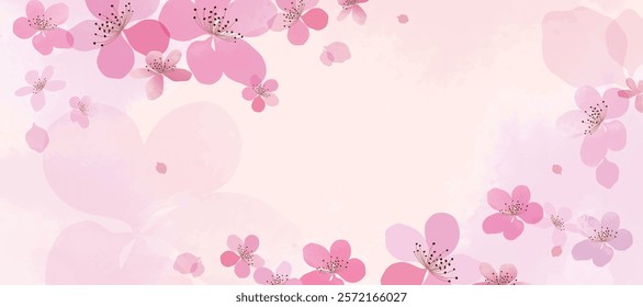 Spring Japanese Cherry blossom flower background vector. Sakura floral Wallpaper design of elegant watercolor cherry blossom flower, branch. Illustration for banner, wall decoration, backdrop, ads.