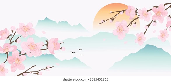 Spring Japanese Cherry blossom flower background vector. Wallpaper design of elegant watercolor sakura flower, branch, mountain, bird, sun. Illustration for banner, wall decoration, backdrop, ads.