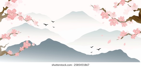 Spring Japanese Cherry blossom flower background vector. Wallpaper design of elegant watercolor sakura flower, branch, mountain, bird. Illustration for banner, wall decoration, backdrop, ads.