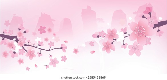 Spring Japanese Cherry blossom flower background vector. Wallpaper design of elegant sakura floral, branch, mountain, sun. Illustration for banner, wall decoration, backdrop, ads.