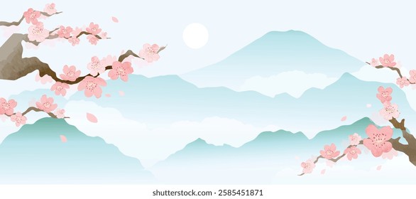 Spring Japanese Cherry blossom flower background vector. Wallpaper design of elegant watercolor sakura flower, branch, mountain, sun. Illustration for banner, wall decoration, backdrop, ads.