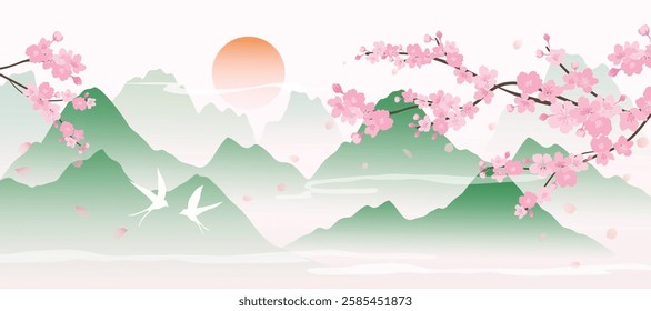 Spring Japanese Cherry blossom flower background vector. Wallpaper design of elegant sakura floral, branch, mountain, sun, bird. Illustration for banner, wall decoration, backdrop, ads.