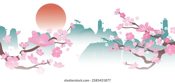 Spring Japanese Cherry blossom flower background vector. Wallpaper design of elegant watercolor sakura floral, branch, mountain, waterfall, sun. Illustration for banner, wall decoration, backdrop, ads