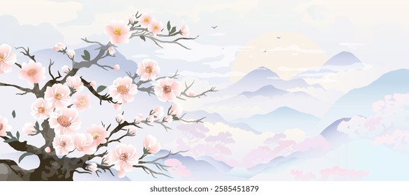 Spring Japanese Cherry blossom flower background vector. Wallpaper design of elegant sakura floral, branch, mountain, sun, bird. Illustration for banner, wall decoration, backdrop, ads.