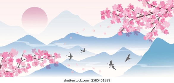 Spring Japanese Cherry blossom flower background vector. Wallpaper design of elegant sakura floral, branch, mountain, sun, bird. Illustration for banner, wall decoration, backdrop, ads.