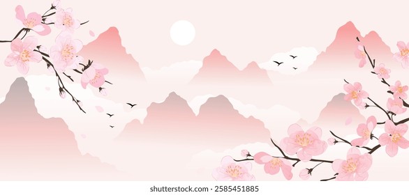 Spring Japanese Cherry blossom flower background vector. Wallpaper design of elegant watercolor sakura flower, branch, mountain, bird, sun. Illustration for banner, wall decoration, backdrop, ads.