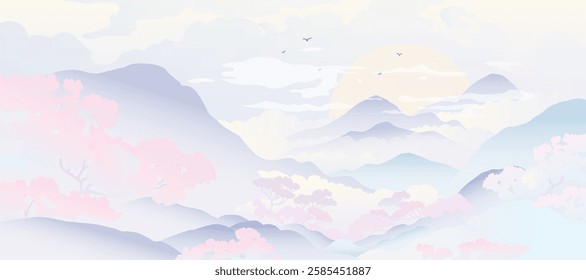 Spring Japanese Cherry blossom flower background vector. Wallpaper design of elegant sakura floral, branch, mountain, sun, bird. Illustration for banner, wall decoration, backdrop, ads.