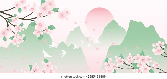 Spring Japanese Cherry blossom flower background vector. Wallpaper design of elegant sakura floral, branch, mountain, sun, bird. Illustration for banner, wall decoration, backdrop, ads.